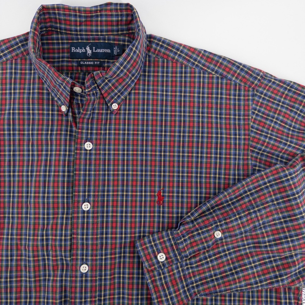 VTG‎ Polo Ralph Lauren Mens Large Button Down Shirt Red Blue Plaid Classic Fit